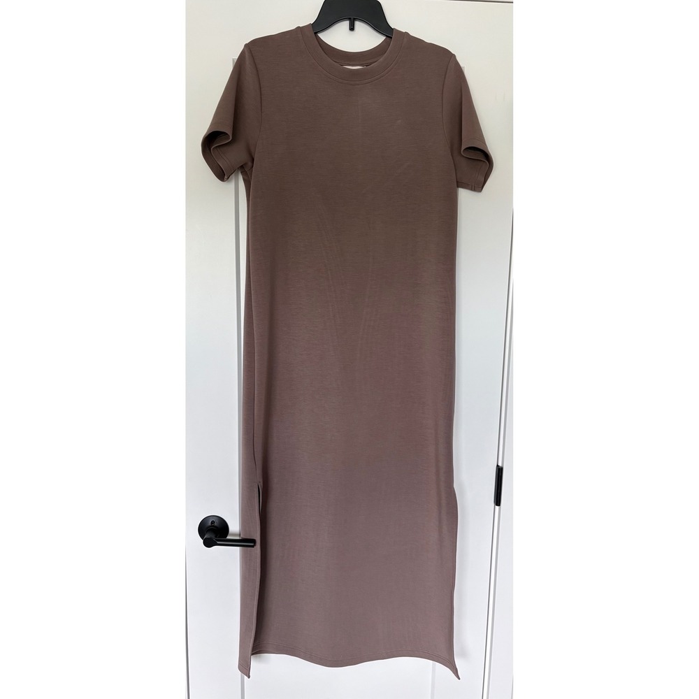 Rae Mode Minimalist Brown Modal Blend Scuba Elevated Basics Slit T-Shirt Dress M